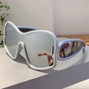 Futuristic silver Y2K oversized wrap-around sunglasses with mirrored shield lenses