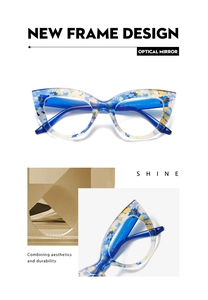 Détail de lunettes œil-de-chat bleues avec motif artistique et texte du modèle BL-908