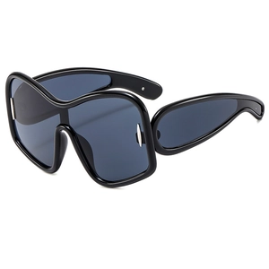 Y2K futuristic large frame shield sunglasses with glossy black frame and blue lenses