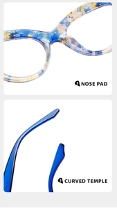 Détails des plaquettes de nez intégrées et des branches courbées sur lunettes bleues