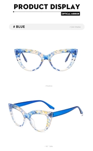 Vues détaillées avant et latérale de montures œil de chat avec motif floral bleu élégant