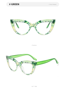 Détail des lunettes œil-de-chat anti-lumière bleue avec monture à texture tropicale