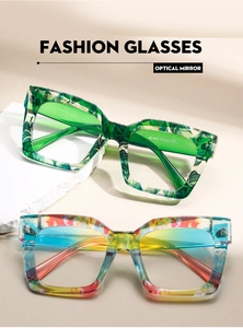 Detail of oversized optical frames with tropical leaf and abstract floral print patterns