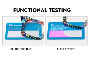 Blue light blocking test of geometric zebra pattern glasses showing lens protection