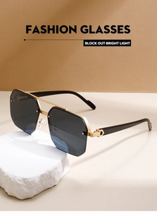 Detail of semi-rimless sunglasses with double bridge and iconic metal C-decor on hinges