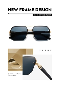 Detail of gold metal double bridge and tiered hinge structure on men's sunglasses