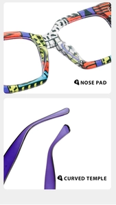 Detail of integrated nose pads and curved temples on colorful patterned eyewear frames
