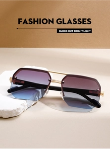 Close-up of polygon gradient lenses with gold double bridge structure and rivet details