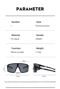 Detaillierte Größenangaben der schwarzen Unisex-Outdoor-Radbrille mit PC-Metallrahmen