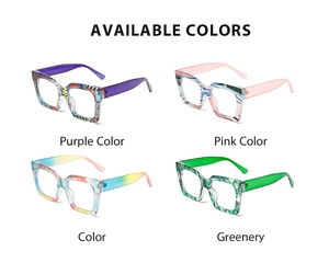 Detail showcasing square anti-blue light glasses in four colorful graffiti patterns
