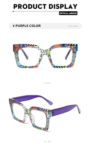 Detail view of colorful geometric Memphis style frames with purple translucent temples