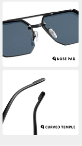Detail of nose pads and curved temples on men's semi-rimless driving sunglasses