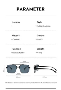 Detailed size chart for men's fashion business semi-rimless sunglasses with frame measurements