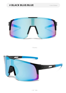 Vorderansicht und 45-Grad-Seitenansicht der schwarzen Radsportbrille mit blau-lila Gläsern
