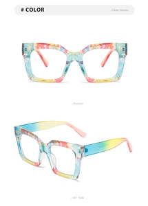 Detail view of colorful oversized square glasses frames with artistic color blocking