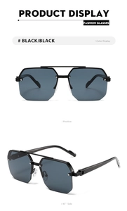 Detail of men's half-frame double bridge sunglasses with black geometric lenses and frame