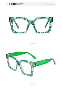Detail of green leaf pattern frame and transparent neon temples on square glasses