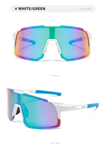 Detailansicht der weißen Radsport-Sonnenbrille mit grünen Gläsern und Belüftungsschlitzen