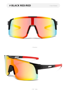 Detailansichten der schwarz-roten Radsport-Sonnenbrille mit verspiegelten Gläsern