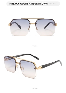 Front and side views of men's half-frame double bridge aviator sunglasses in gold and black