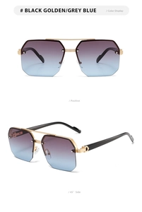 Close-up of men's semi-rimless sunglasses with gold double bridge and gradient lenses