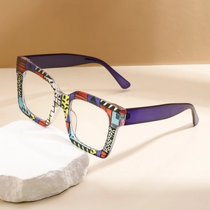 Chic oversized square glasses with multi-color geometric pattern and purple temples