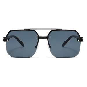 Men's minimalist double-bridge semi-rimless aviator sunglasses with black octagonal frames