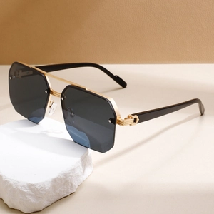 Men's retro semi-rimless double bridge sunglasses with octagonal lenses and golden C-decor