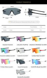 Size chart for outdoor sports sunglasses with precise frame dimensions and PC material specs