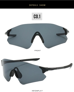 Front and side views of black cycling sunglasses with grey translucent lenses