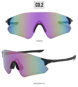 Front and 45-degree angle views of cycling sunglasses with purple gradient lenses