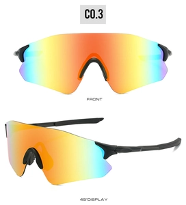 Front and 45-degree angle view of professional cycling sunglasses with rainbow tinted lens