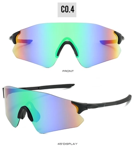 Front and side view of frameless cycling sunglasses with colorful iridescent lenses