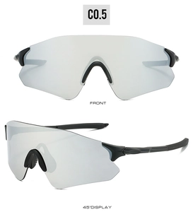Front and 45-degree angle views of cycling sunglasses with silver mirrored lens