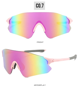 Close-up of pink cycling sunglasses with colorful gradient lens from front and side view