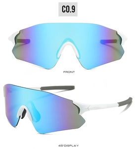 Front and 45-degree views of white cycling sunglasses with blue-purple mirrored lenses