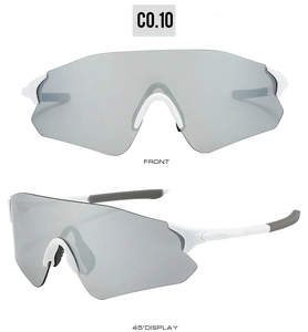 Front and 45-degree angle view of white outdoor sports sunglasses with silver mirror lenses