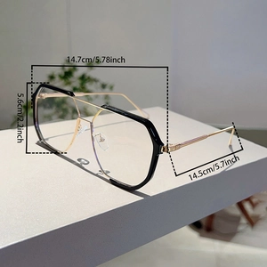 Detailed size chart for oversized geometric sunglasses with gold and black frames