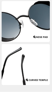 Detail of soft silicone nose pads and ergonomic curved temples of steampunk sunglasses