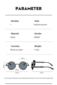 Size chart showing 50mm round lenses and detailed steampunk metal sunglasses parameters