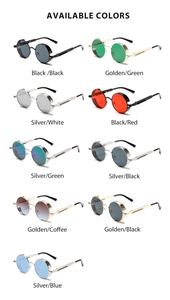 Detailed grid showing 9 available colors of retro round steampunk sunglasses with side shields