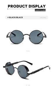 Detailed view of black steampunk sunglasses with round metal frames and side shields
