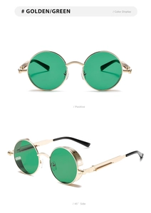 Detail view of steampunk round sunglasses with golden frame and green lenses at multiple angles