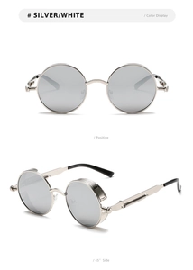 Detail of silver steampunk round sunglasses with metal side shields and light gray lenses