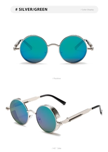 Classic steampunk round sunglasses with silver frames and green blue gradient lenses