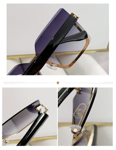 Detail of rimless sunglasses with purple gradient lenses, gold hinges and nose pads