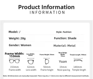Detailed size guide for rimless metal sunglasses with full frame dimensions and weight specs