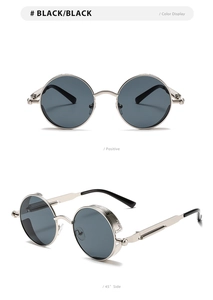 Detail view of round steampunk sunglasses with silver metal frame and black lenses