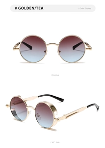 Detail of steampunk round sunglasses with golden spring temples and tea blue gradient lenses