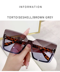 Detail of tortoiseshell rimless sunglasses with metal rivet accents and brown gradient lenses